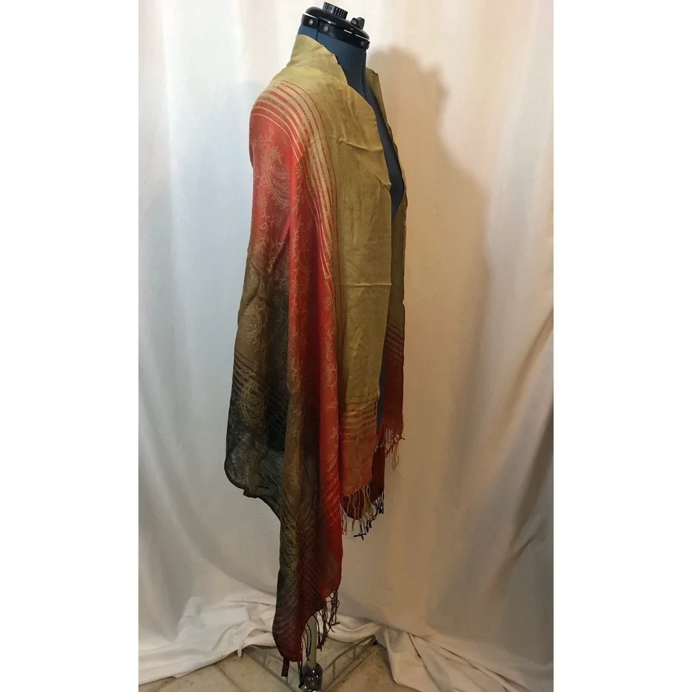 Chinar Red Beige Gold Paisley Striped Silk Blend Fringed Pashmina Scarf Wrap